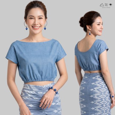 เสื้อผ้าฝ้ายทอมือ สม็อกเอวเว้าหลัง - ครามอ่อน