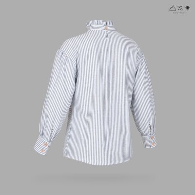 เสื้อแขนบอลลูน จีบรอบคอ ลายทาง คราม-ขาว