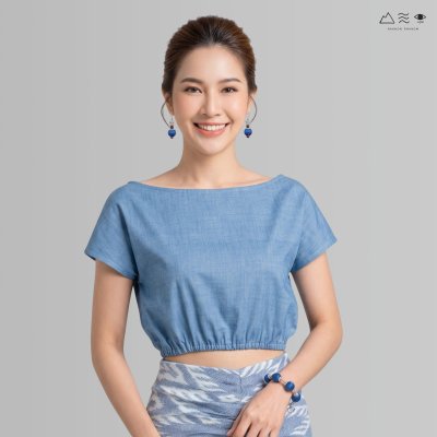 เสื้อผ้าฝ้ายทอมือ สม็อกเอวเว้าหลัง - ครามอ่อน