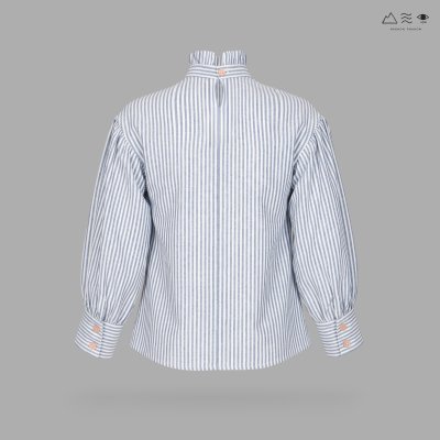 เสื้อแขนบอลลูน จีบรอบคอ ลายทาง คราม-ขาว