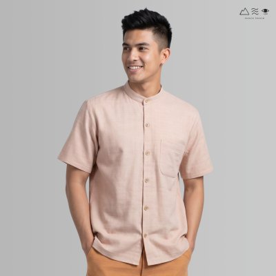 เสื้อเชิ้ต ช คอจีน แขนสั้น กระดุมยาว เปลือกไม้