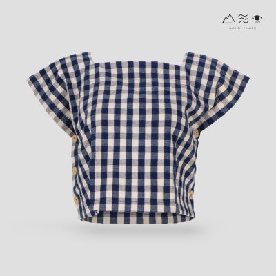 เสื้อครอปคอเหลี่ยมผ้าทอมือ คราม-ขาว