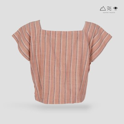 เสื้อครอปคอเหลี่ยมผ้าทอมือ ชมพูลายทาง