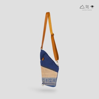 KHID กระเป๋าคาดอกผ้าครามยกขิด สายหนังแท้ KHID กระเป๋าคาดอกผ้าครามยกขิด สายหนังแท้