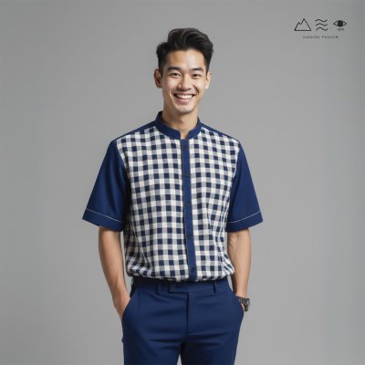 EPO เสื้อเชิ้ตแขนสั้น คอจีน ช ครามเข้ม