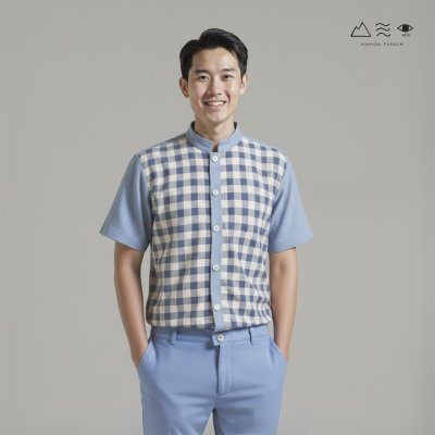 EPO เสื้อเชิ้ตแขนสั้น คอจีน ช ครามอ่อน