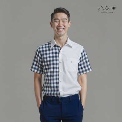 EPO เสื้อเชิ้ตแขนสั้น คอปก ช ครามเข้ม-ขาว