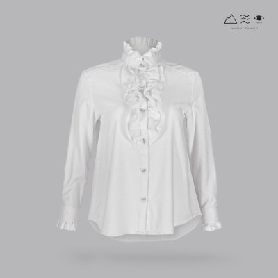 เสื้อเชิ้ตแขนยาวระบายอก ญ ขาว