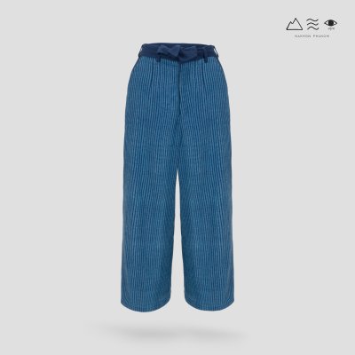 กางเกงผูกเอวขายาว ผ้าคราม ลายลูกฟูก