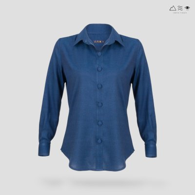 เสื้อเชิ้ตแขนยาว ญ กระดุมผ้า-ครามเข้ม