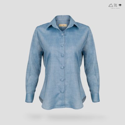 เสื้อเชิ้ตแขนยาว ญ กระดุมผ้า-ครามอ่อน