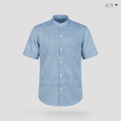 เสื้อเชิ้ต ช คอจีน แขนสั้น กระดุมยาว ครามอ่อน