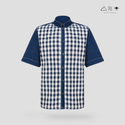 EPO เสื้อเชิ้ตแขนสั้น คอจีน ช ครามเข้ม