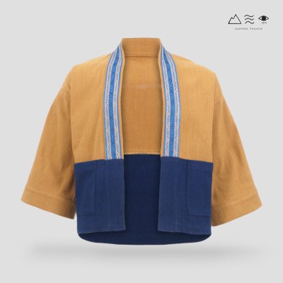 KHID เสื้อคลุมกิโมโน ผ้าสีเปลือกไม้ ลายยกขิด สั้น