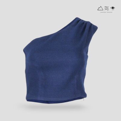 เสื้อครอปไหล่เดี่ยวผ้าทอมือ 4 ตะกอ ครามเข้ม