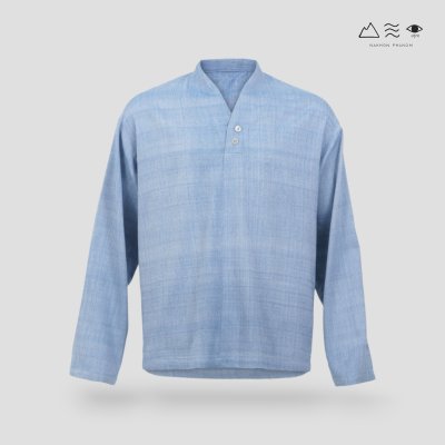 เสื้อเชิ้ตแขนยาวคอญี่ปุ่น ผ้าฝ้ายทอมือ ครามอ่อน เสื้อเชิ้ตแขนยาวคอญี่ปุ่น ผ้าฝ้ายทอมือ ครามอ่อน