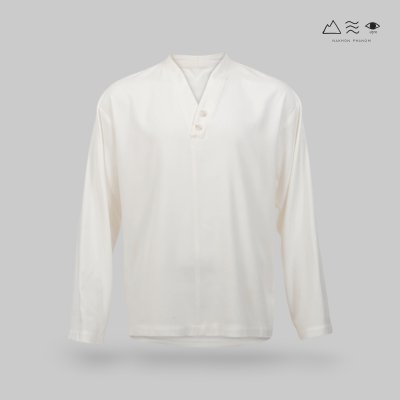 เสื้อเชิ้ตแขนยาวคอญี่ปุ่น ผ้าฝ้ายทอมือ ขาวธรรมชาติ