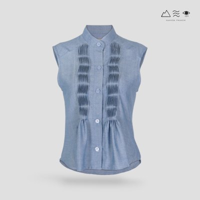 เสื้อเชิ้ตแขนกุดตีเกล็ดทวิสต์ - สั้น ครามอ่อน