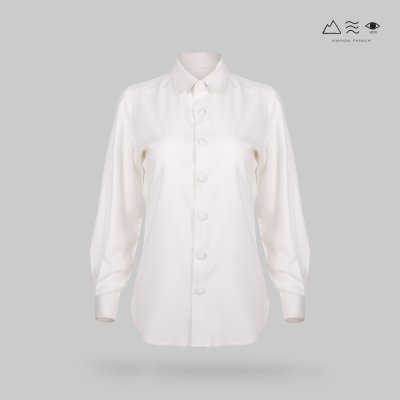 เสื้อเชิ้ตแขนยาว ญ ผ้าทอมือ กระดุมผ้า - ขาว