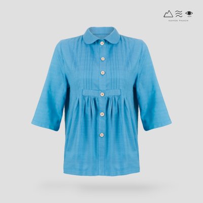 เสื้อเชิ้ตคอบัว ตีเกล็ดอก ผ้าคราม