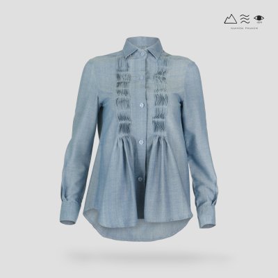 เสื้อเชิ้ตแขนยาวตีเกล็ดทวิสต์ ครามอ่อน