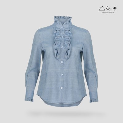 เสื้อเชิ้ตแขนยาวระบายอก ญ ครามอ่อน