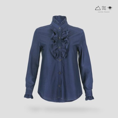 เสื้อเชิ้ตแขนยาวระบายอก ญ ครามเข้ม