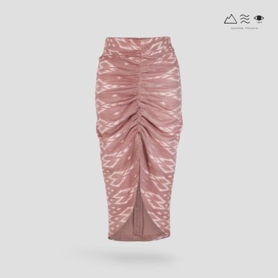 กระโปรงเดฟหน้าผ้าฝ้ายมัดหมี่ทอมือ สีน้ำตาล