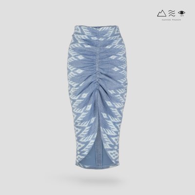 กระโปรงเดฟหน้าผ้าฝ้ายมัดหมี่ทอมือ ครามอ่อน