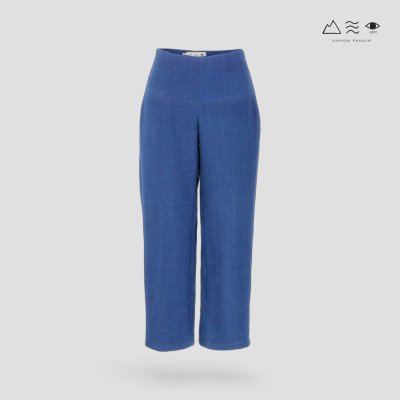 กางเกงเอวสูง ญ ผ้าทอมือ คราม ขาแคบ