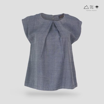 เสื้อคอจีบผ้าฝ้ายทอมือ ครามอ่อน