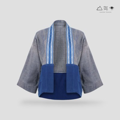 KHID เสื้อคลุมกิโมโนผ้าครามลายยกขิด สั้น