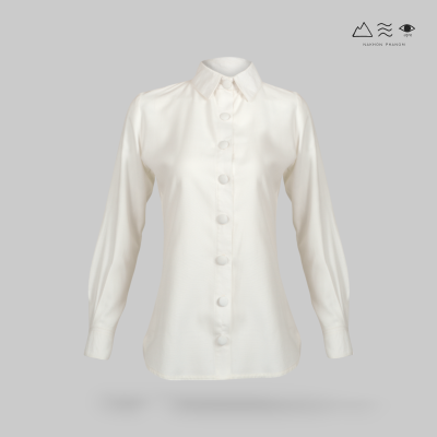 เสื้อเชิ้ตแขนยาว ญ ผ้าทอมือ กระดุมผ้า - ขาว