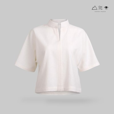 เสื้อคอจีน แขนสั้น ญ ฝ้ายทอฟอกนุ่ม สีขาวธรรมชาติ