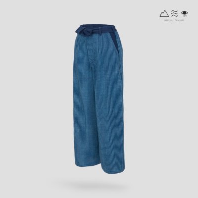 กางเกงผูกเอวขายาว ผ้าคราม ลายลูกฟูก