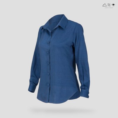 เสื้อเชิ้ตแขนยาว ญ กระดุมผ้า-ครามเข้ม