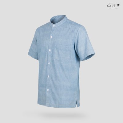 เสื้อเชิ้ต ช คอจีน แขนสั้น กระดุมยาว ครามอ่อน