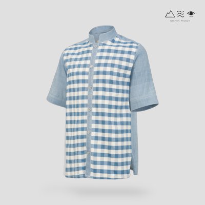 EPO เสื้อเชิ้ตแขนสั้น คอจีน ช ครามอ่อน