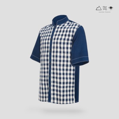 EPO เสื้อเชิ้ตแขนสั้น คอจีน ช ครามเข้ม