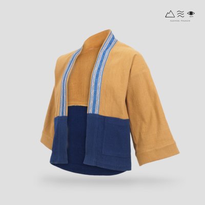 KHID เสื้อคลุมกิโมโน ผ้าสีเปลือกไม้ ลายยกขิด สั้น
