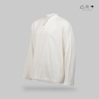 เสื้อเชิ้ตแขนยาวคอญี่ปุ่น ผ้าฝ้ายทอมือ ขาวธรรมชาติ