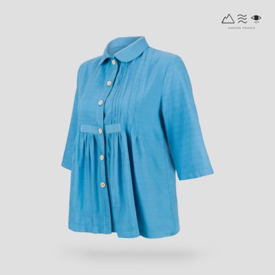 เสื้อเชิ้ตคอบัว ตีเกล็ดอก ผ้าคราม