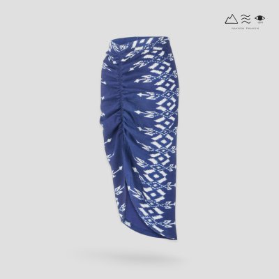 กระโปรงเดฟหน้าผ้าฝ้ายมัดหมี่ทอมือ ครามเข้ม