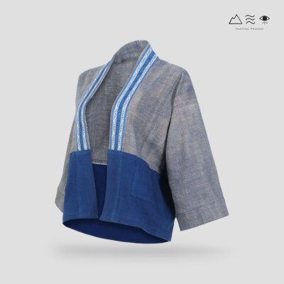 KHID เสื้อคลุมกิโมโนผ้าครามลายยกขิด สั้น