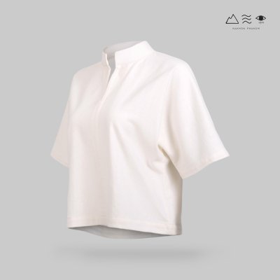 เสื้อคอจีน แขนสั้น ญ ฝ้ายทอฟอกนุ่ม สีขาวธรรมชาติ