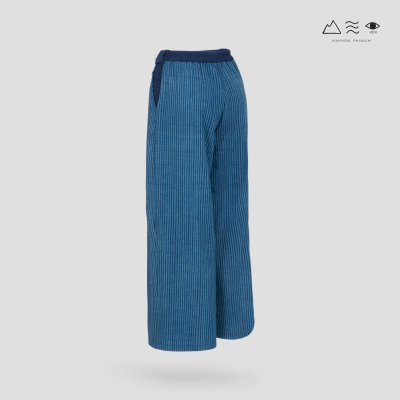 กางเกงผูกเอวขายาว ผ้าคราม ลายลูกฟูก