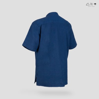 เสื้อเชิ้ต ช คอจีน แขนสั้น กระดุมยาว ครามเข้ม