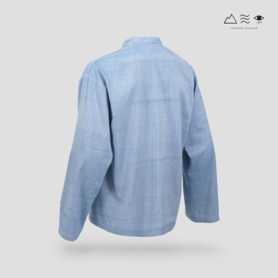 เสื้อเชิ้ตแขนยาวคอญี่ปุ่น ผ้าฝ้ายทอมือ ครามอ่อน เสื้อเชิ้ตแขนยาวคอญี่ปุ่น ผ้าฝ้ายทอมือ ครามอ่อน