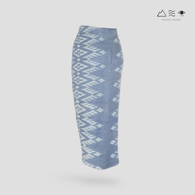 กระโปรงเดฟหน้าผ้าฝ้ายมัดหมี่ทอมือ ครามอ่อน