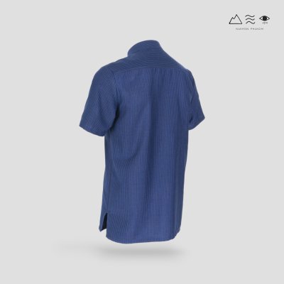 เสื้อเชิ้ตคอจีนแขนสั้น ผ้าทอมือ ครามเข้ม